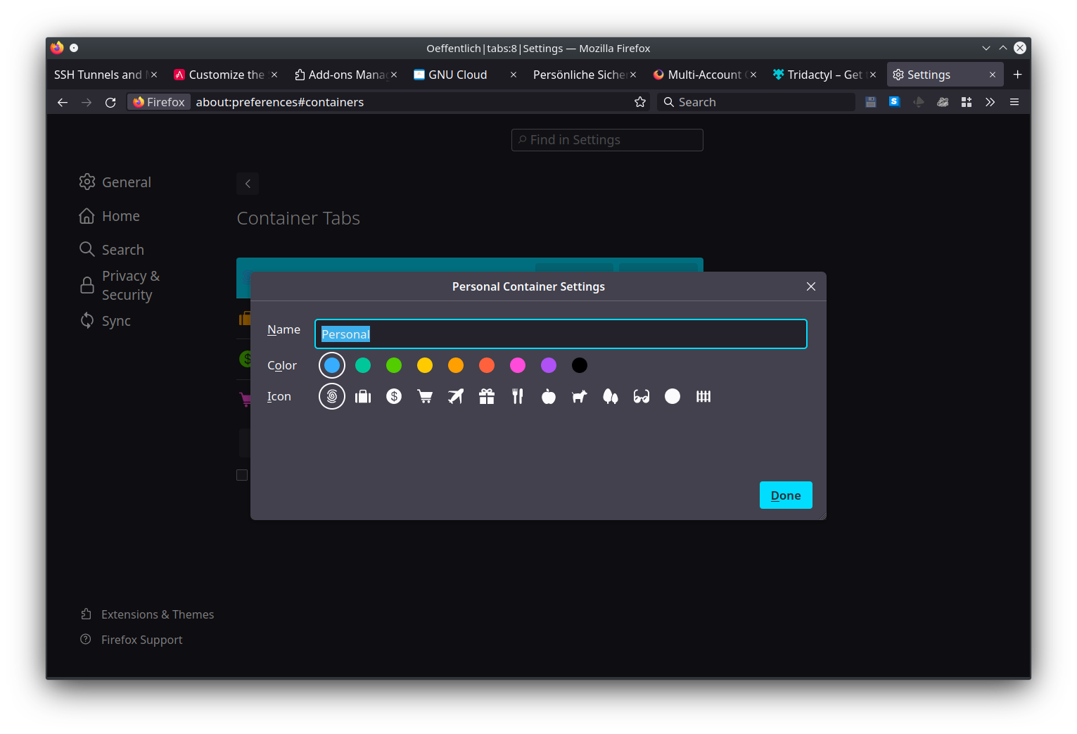 FF multi account containers.settings dialog